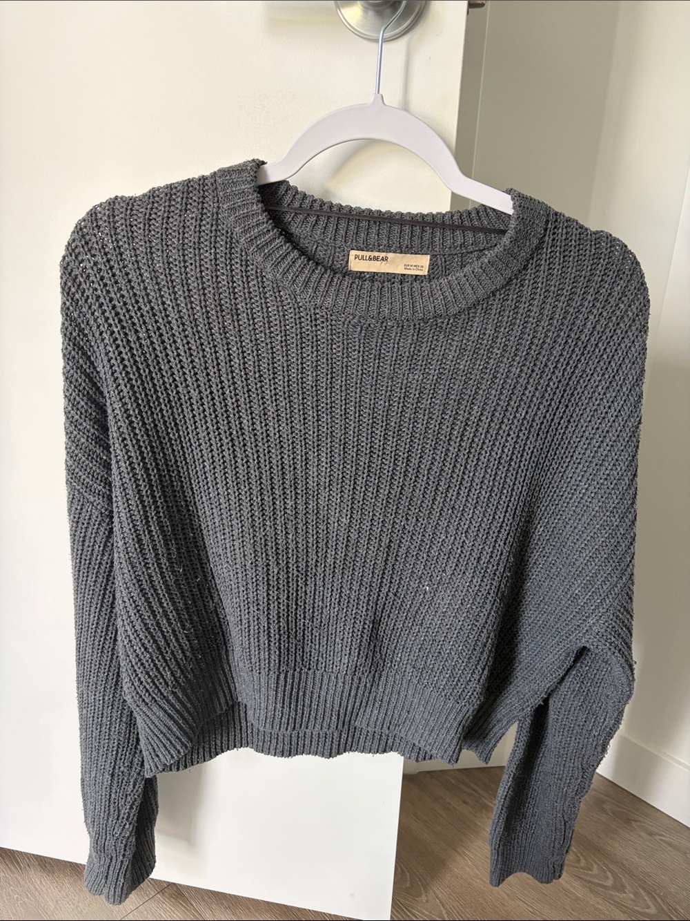 Pull&Bear Charcoal Gray Ribbed Crewneck Sweater